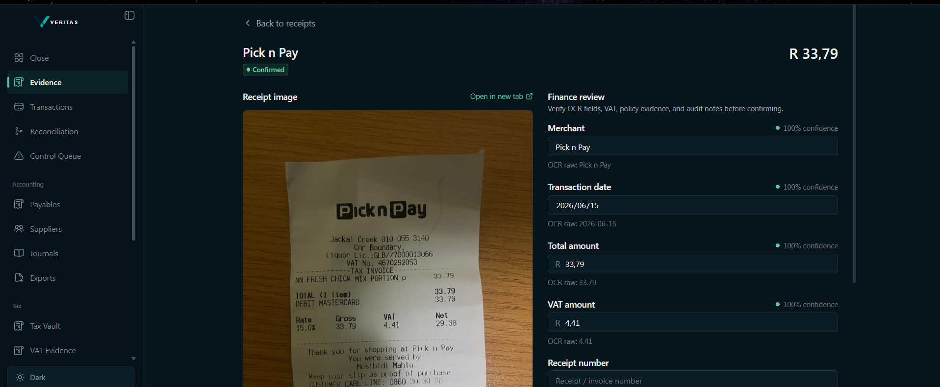Veritas evidence review showing an attached Pick n Pay receipt and extracted finance fields.